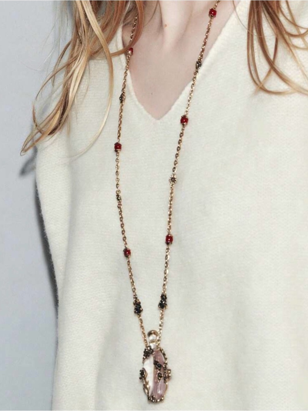 Apothecary Tiny Bottle Floral Motif Gold Necklace Long Jewelry Red Bead Gift NEW - Picture 3 of 12